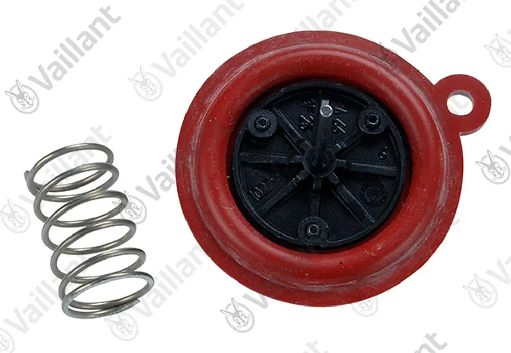 Vaillant Membran mit rot-gelblichem Rand und schwarzer Basis, begleitet von einer Metallfeder. Komponenten scheinen für Heizungs- oder Übergabetechnik zu sein.